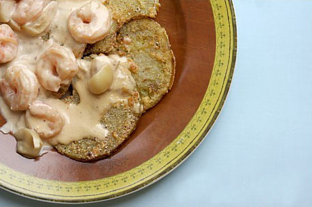 Fried green tomatoes in shrimp beurre blanc