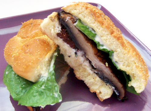 grilled portobello and sun-dried tomato sandwich with garlic herbed mayonnaise