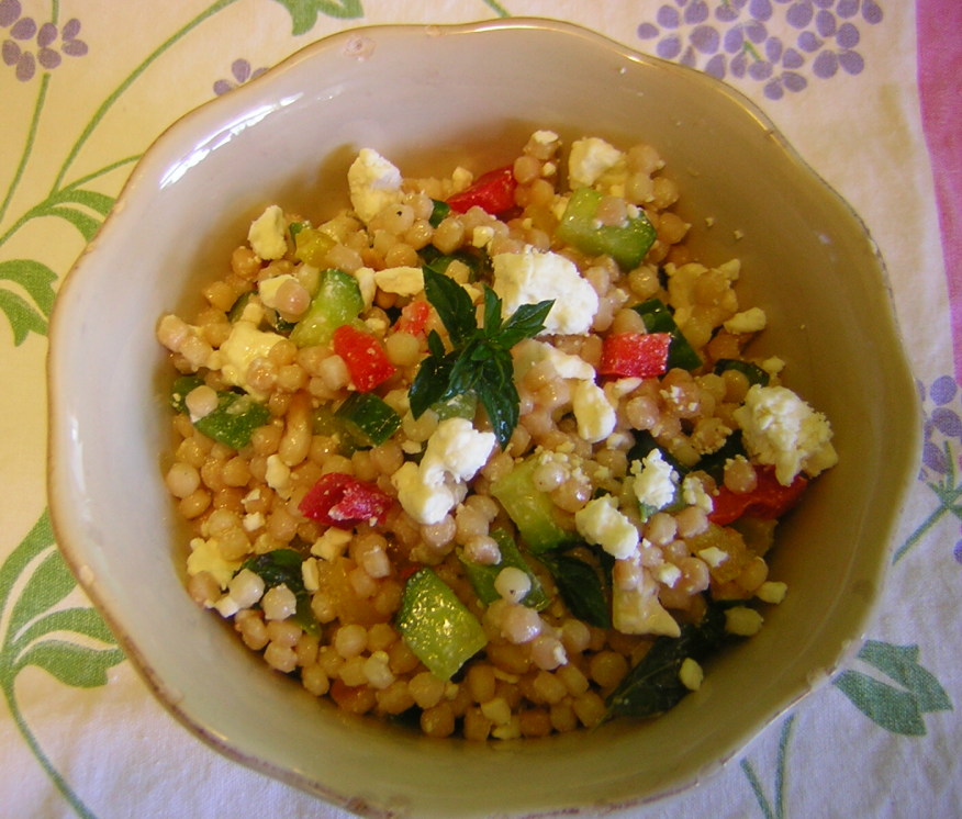 toasted israeli couscous salad with mint, cucumber, and feta