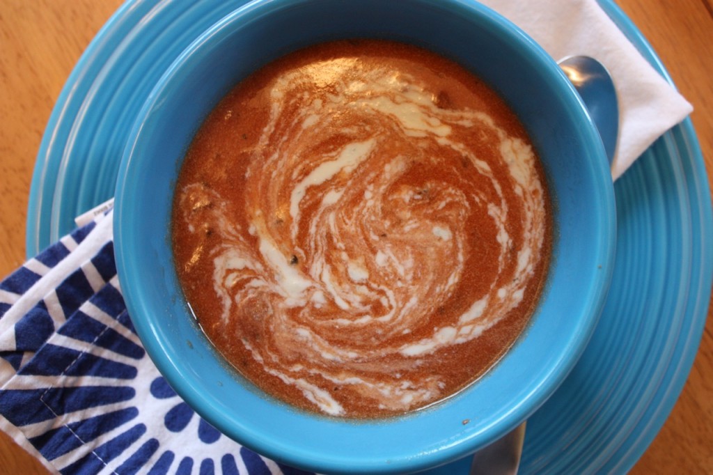 tomato garlic soup with roquefort creme