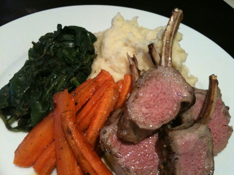 rack of lamb with honey roasted carrots, spinach and pureed celery root