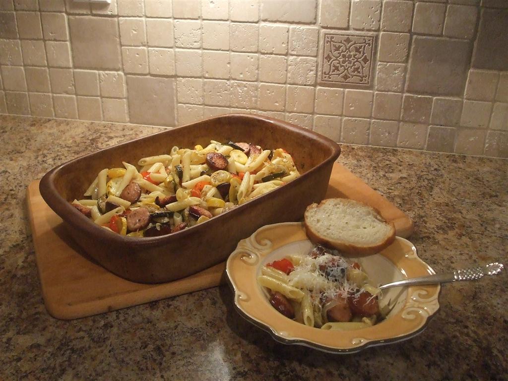roasted veggies with pasta and kielbasa