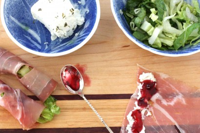 prosciutto, goat cheese and cherry jam rolls