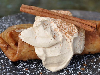 Mini-apple chimichangas with caramel whipped cream