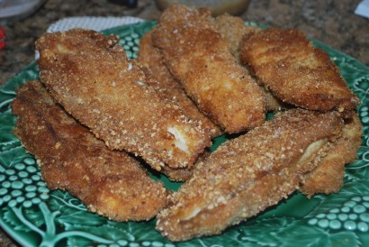 fried fish (the fish of fish and chips)