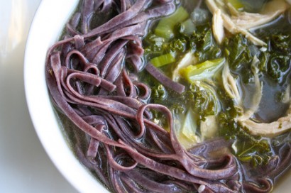 Chicken, leek, and kale soup with black rice noodles