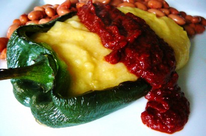 polenta-stuffed poblano rellenos with spicy chipotle sauce