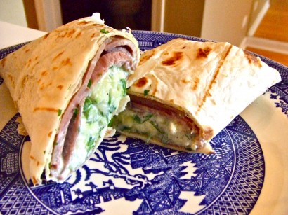 Roast beef wrap with zucchini blue cheese slaw