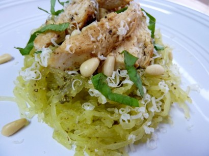 pesto spaghetti squash with italian chicken and toasted pine nuts