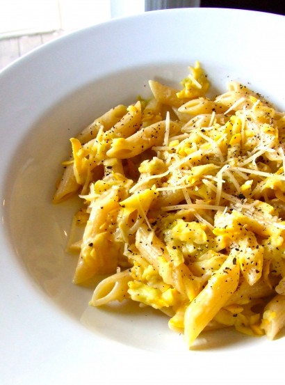 yellow squash penne in buttery parmesan sauce