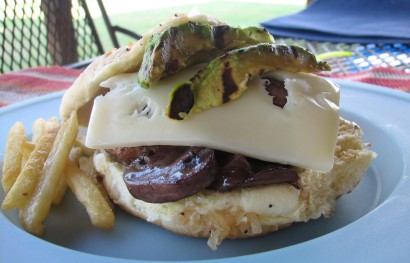 Grilled avocado and sauteed mushroom swiss burger