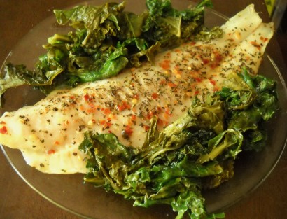 Baked white fish with kale