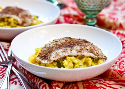 roasted fish and creamy curried cauliflower
