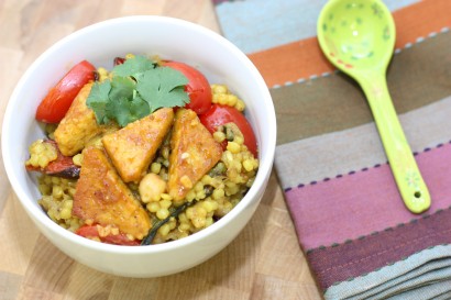 israeli couscous with roasted vegetables and tempeh
