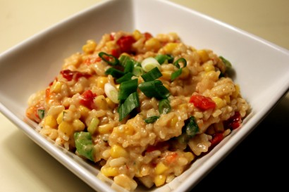 risotto with corn, roasted peppers, and pepper jack cheese