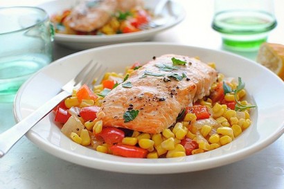 grilled cedar plank salmon with a corn and red pepper relish