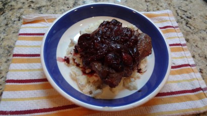 Delmonico steaks with roasted cherry pan sauce and goat cheese mashed potatoes