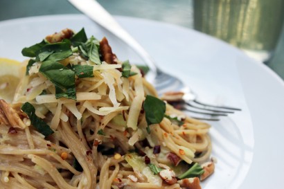 whole wheat spaghetti with lemon, mint, and pecans