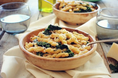 Gemelli pasta with garden greens and pine nuts