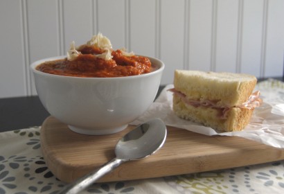 tomato soup with baked ham and cheese sammies
