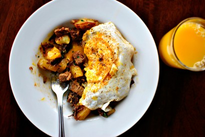fried eggs over breakfast hash