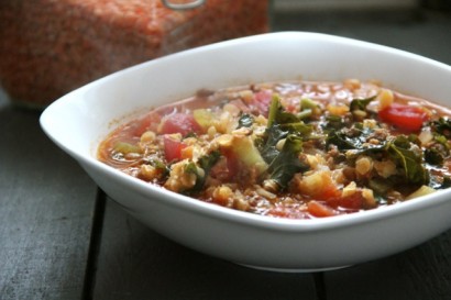 spicy chorizo red lentil soup with kale
