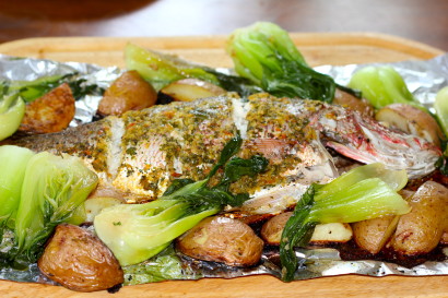 Asian inspired roasted red snapper & braised bok choi