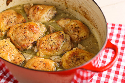 shandy braised chicken with mushrooms and green olives