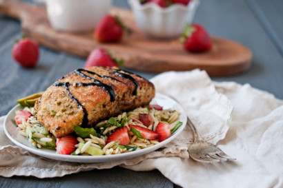 pistachio crusted salmon with strawberry balsamic glaze over orzo summer salad