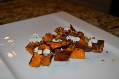 roasted sweet potatoes with toasted walnuts, honey and goat cheese