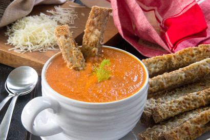 skinny “creamy” tomato soup with three-cheese breadsticks