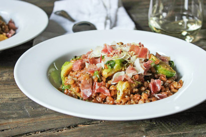 farro risotto with prosciutto, parmesan and brussels sprouts