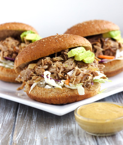 Crockpot chipotle pulled pork with skinny avocado ranch sauce
