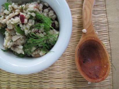 barley salad with grilled chicken, cranberries and dill