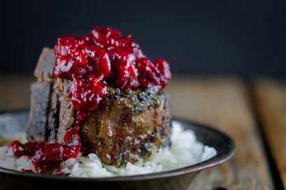 braised lamb chops with cranberry-harissa chutney
