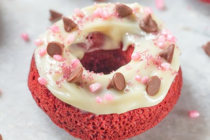 red velvet doughnuts with cream cheese frosting