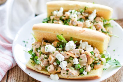 Spring chicken salad sandwiches with lentils and spicy honey mayo