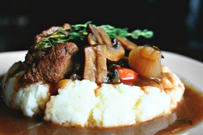 slow cooker guinness beef stew with horseradish mash