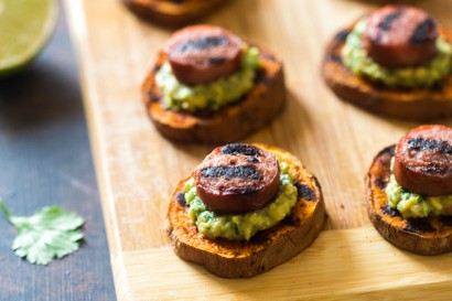 grilled sweet potatoes with guacamole and sausage