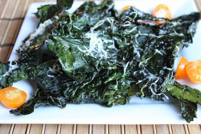 Baked kale chips with parmesan cheese