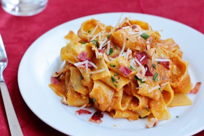 pappardelle with pumpkin, bacon and hazelnuts