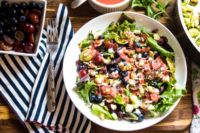 toasted brussels sprout and kale salad with strawberry-basil vinaigrette
