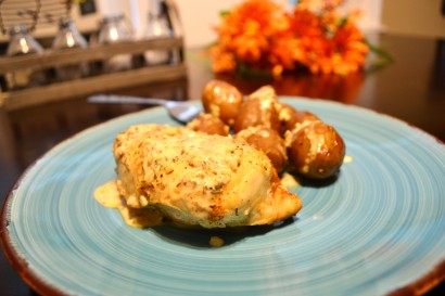 chicken and potatoes in garlic rosemary sauce