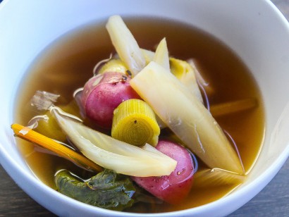 poached vegetables in smoky broth