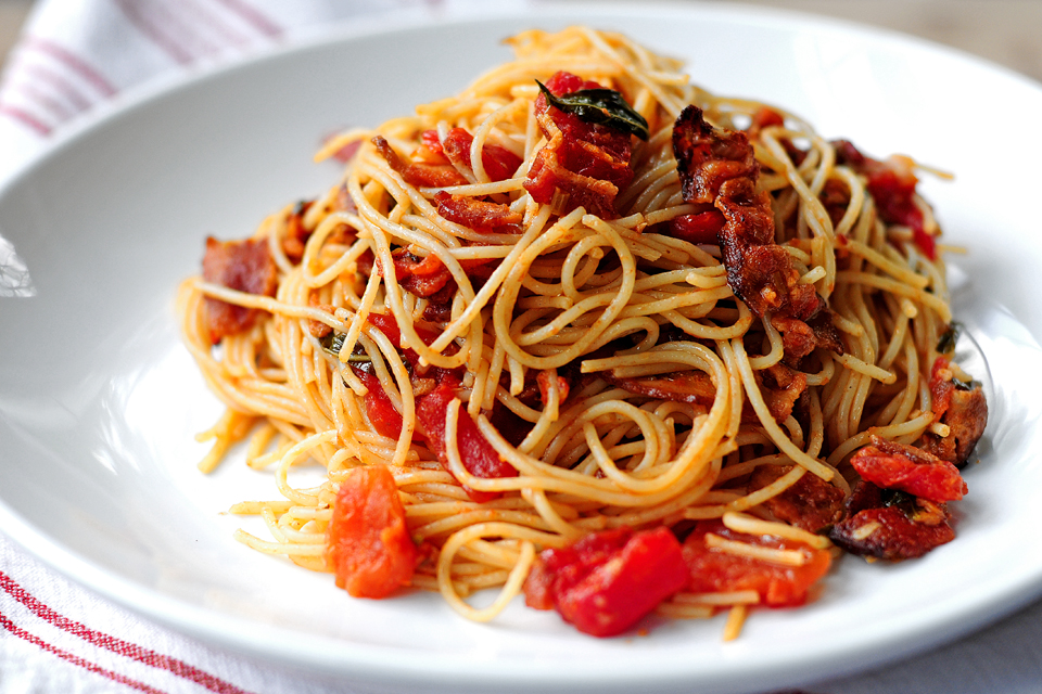 Tasty Kitchen Blog: Bacon Tomato Capellini. Guest post by Amy Johnson of She Wears Many Hats, recipe submitted by TK member PlanoSheila (sheilajfoster).