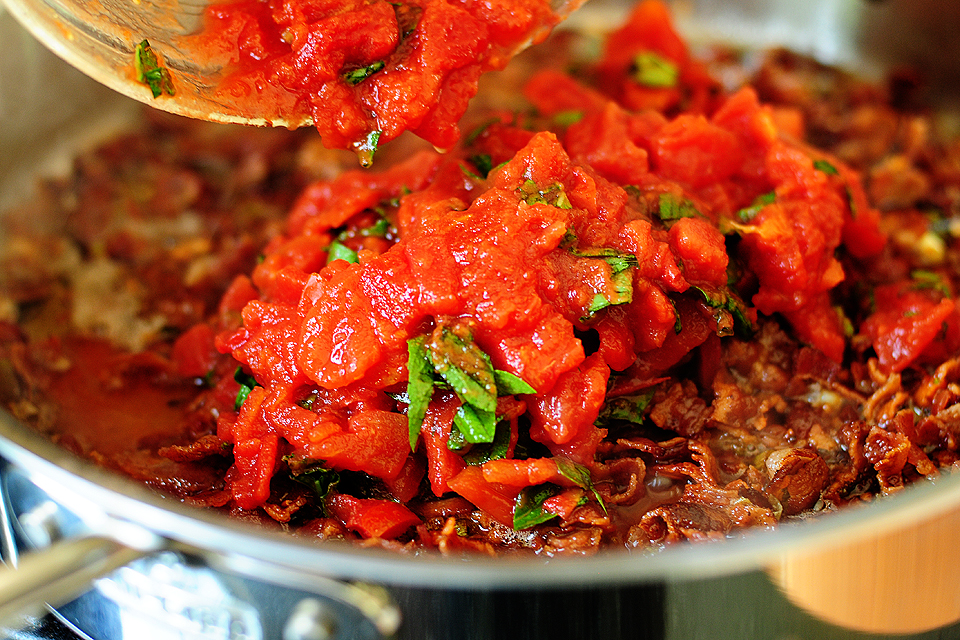 Tasty Kitchen Blog: Bacon Tomato Capellini. Guest post by Amy Johnson of She Wears Many Hats, recipe submitted by TK member PlanoSheila (sheilajfoster).