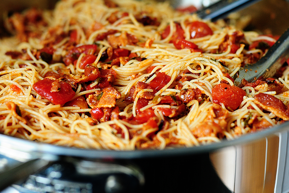 Tasty Kitchen Blog: Bacon Tomato Capellini. Guest post by Amy Johnson of She Wears Many Hats, recipe submitted by TK member PlanoSheila (sheilajfoster).