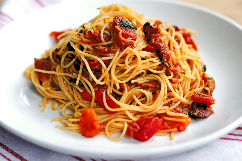 Tasty Kitchen Blog: Bacon Tomato Capellini. Guest post by Amy Johnson of She Wears Many Hats, recipe submitted by TK member PlanoSheila (sheilajfoster).