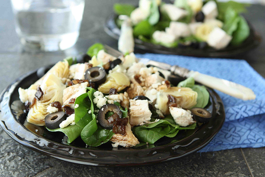 Tasty Kitchen Blog: Chicken Spinach Salad Warm Bacon-Artichoke Dressing. Guest post by Dara Michalski of Cookin' Canuck, recipe submitted by TK member Alessa and Tammi of Carolina Heartstrings.