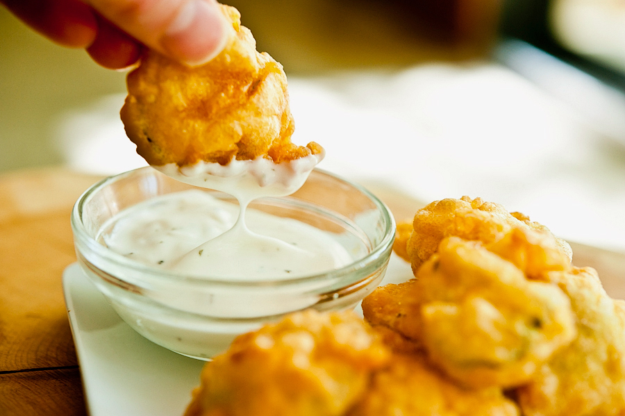 Tasty Kitchen Blog: Beer-Battered Fried Pickles. Guest post by Georgia Pellegrini, recipe submitted by TK member Kelly of Live Love Pasta.